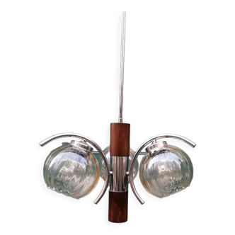 Chandelier 3 glass globes, rosewood rod, 1960