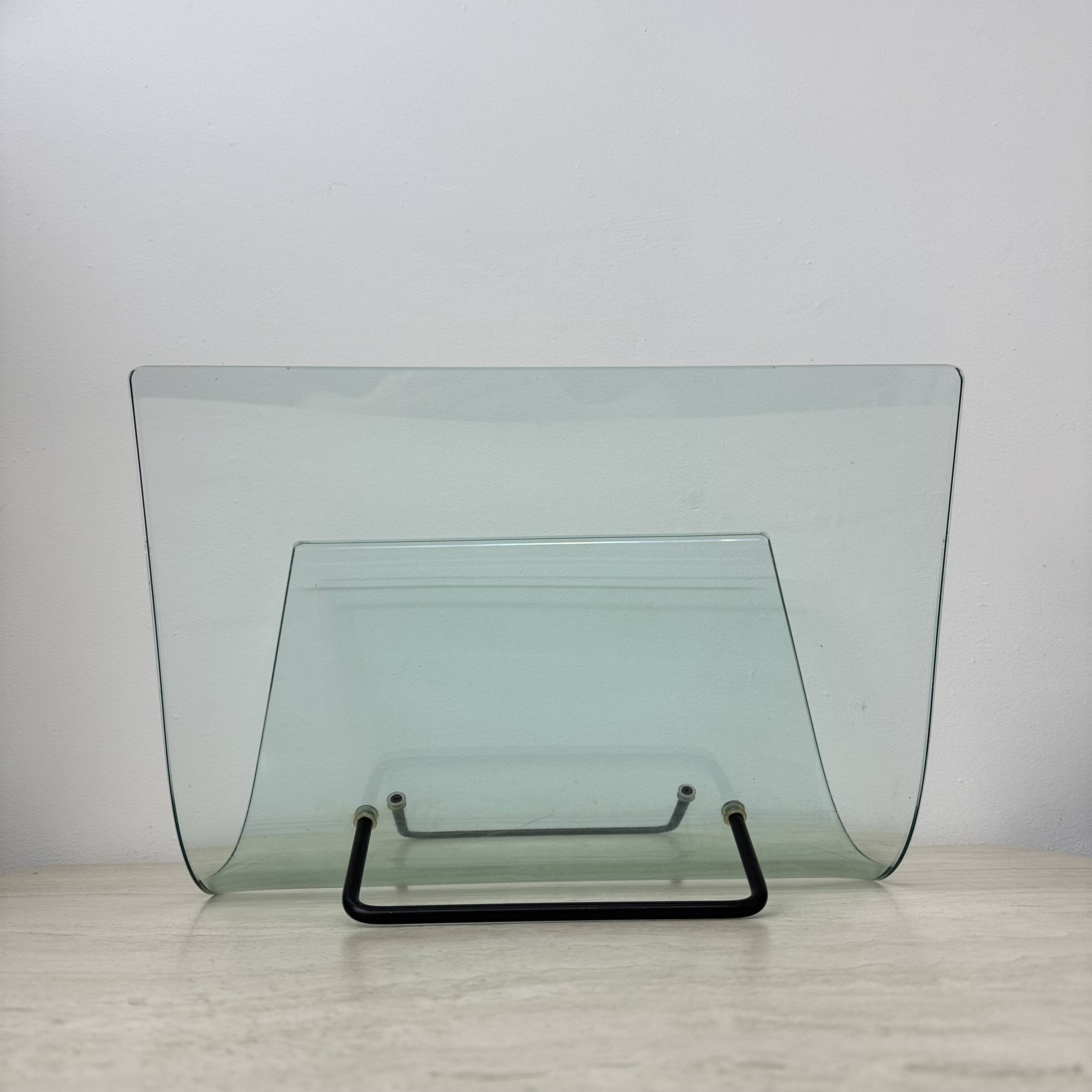 Post modern Fiam Italy curved glass magazine rack , 1980’s