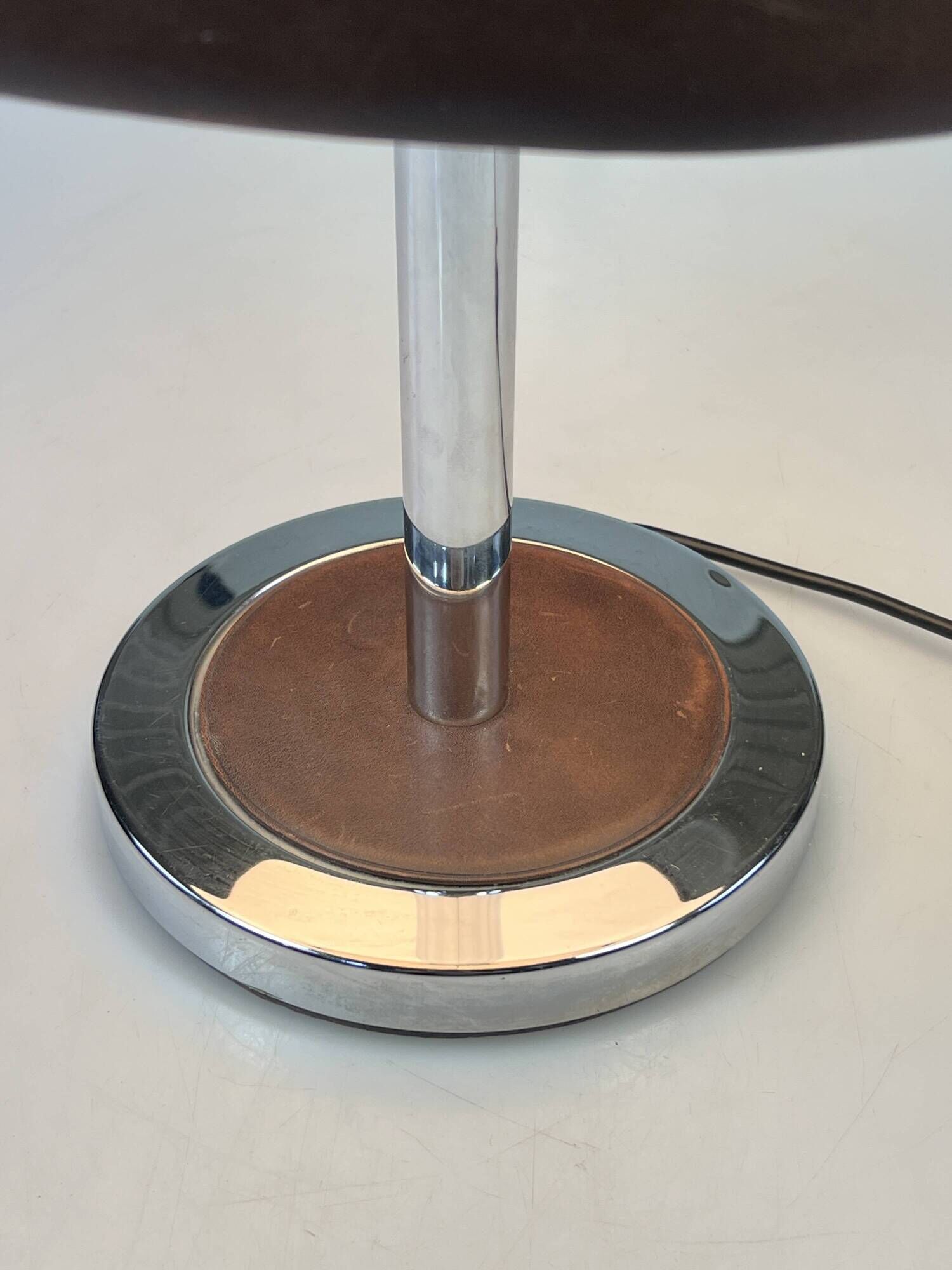 Vintage Table Lamp, Chromed Base and Leather Shade. 1970's