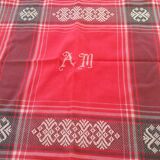 Vintage tablecloth and its 12 monogrammed red cotton towels AM
