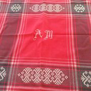 Nappe vintage et ses 12 serviettes coton rouge monogrammées am