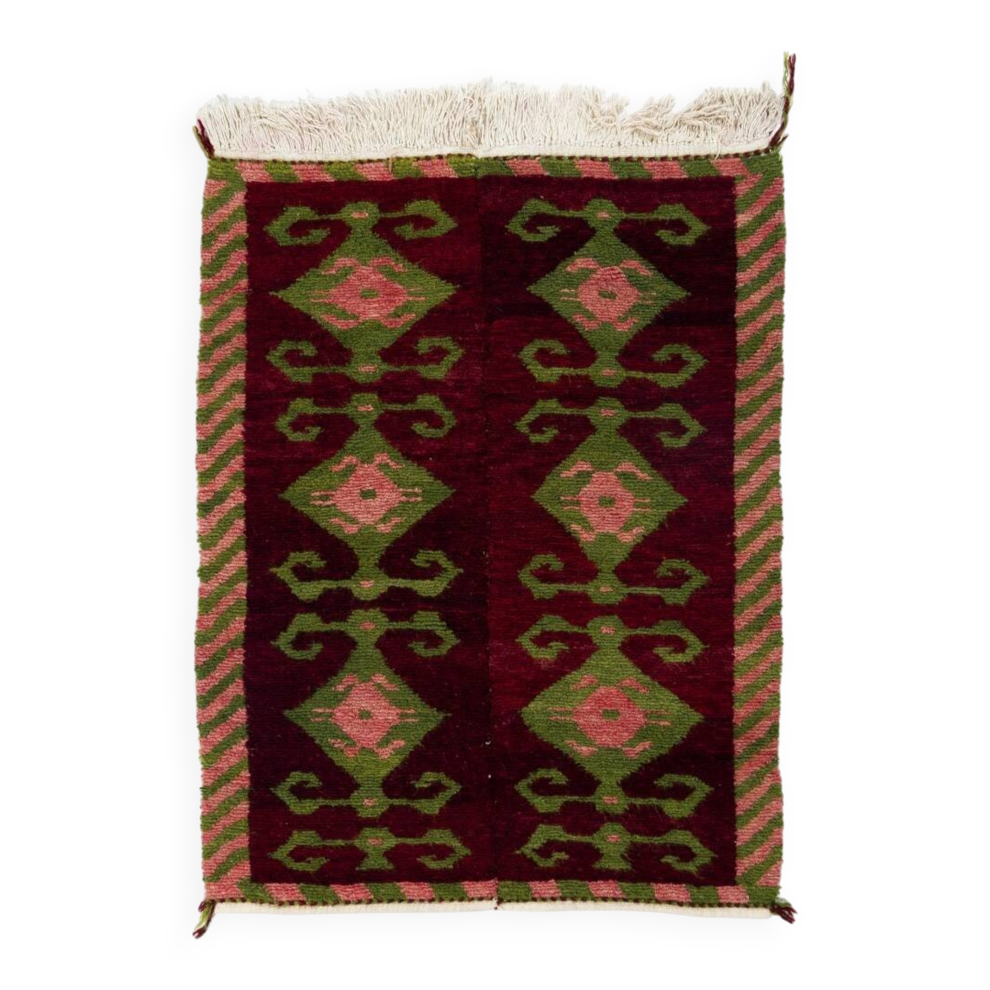 Vintage Hand-Knotted Turkish Tulu Rug with Geometric Hooked Motifs in Burgundy, Green and Pink, 100% Wool