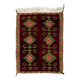 Vintage Hand-Knotted Turkish Tulu Rug with Geometric Hooked Motifs in Burgundy, Green and Pink, 100% Wool