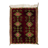 Vintage Hand-Knotted Turkish Tulu Rug with Geometric Hooked Motifs in Burgundy, Green and Pink, 100% Wool