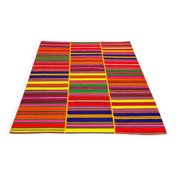 Tapis Kilim "Cherga" vintage en 3 lés cousus main