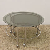 Table basse pivotante à deux niveaux en acier chromé et cristal, années 1970