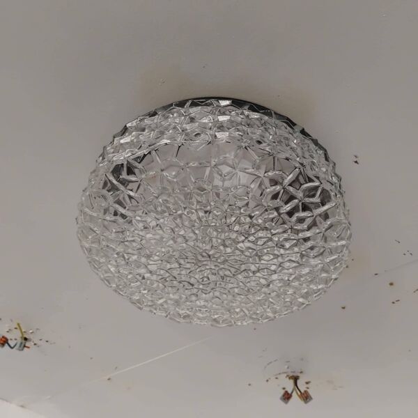 Grand plafonnier rond verre moulé pressé années 70