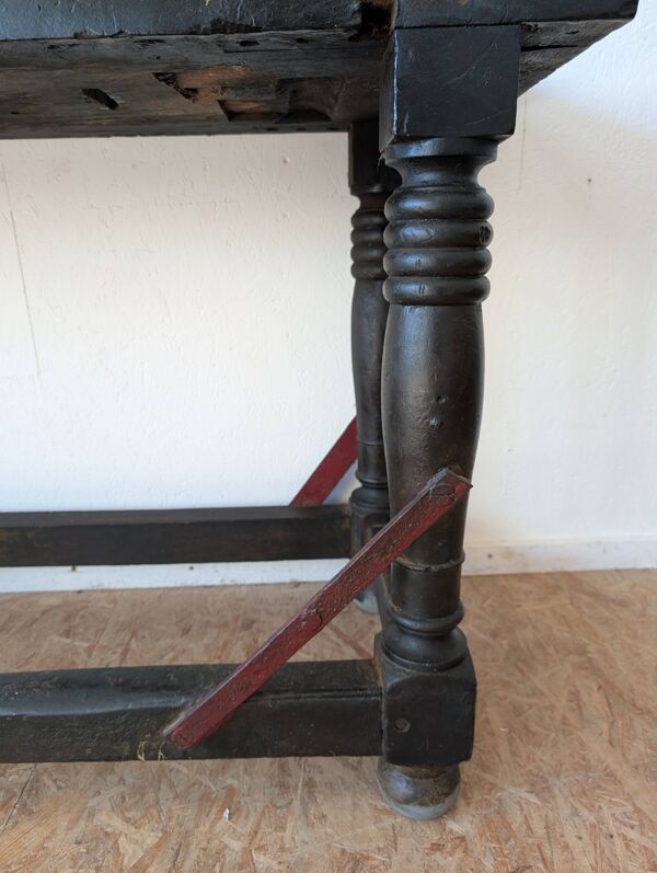 Console / ancien établi bijoutier bois massif, pieds tournés