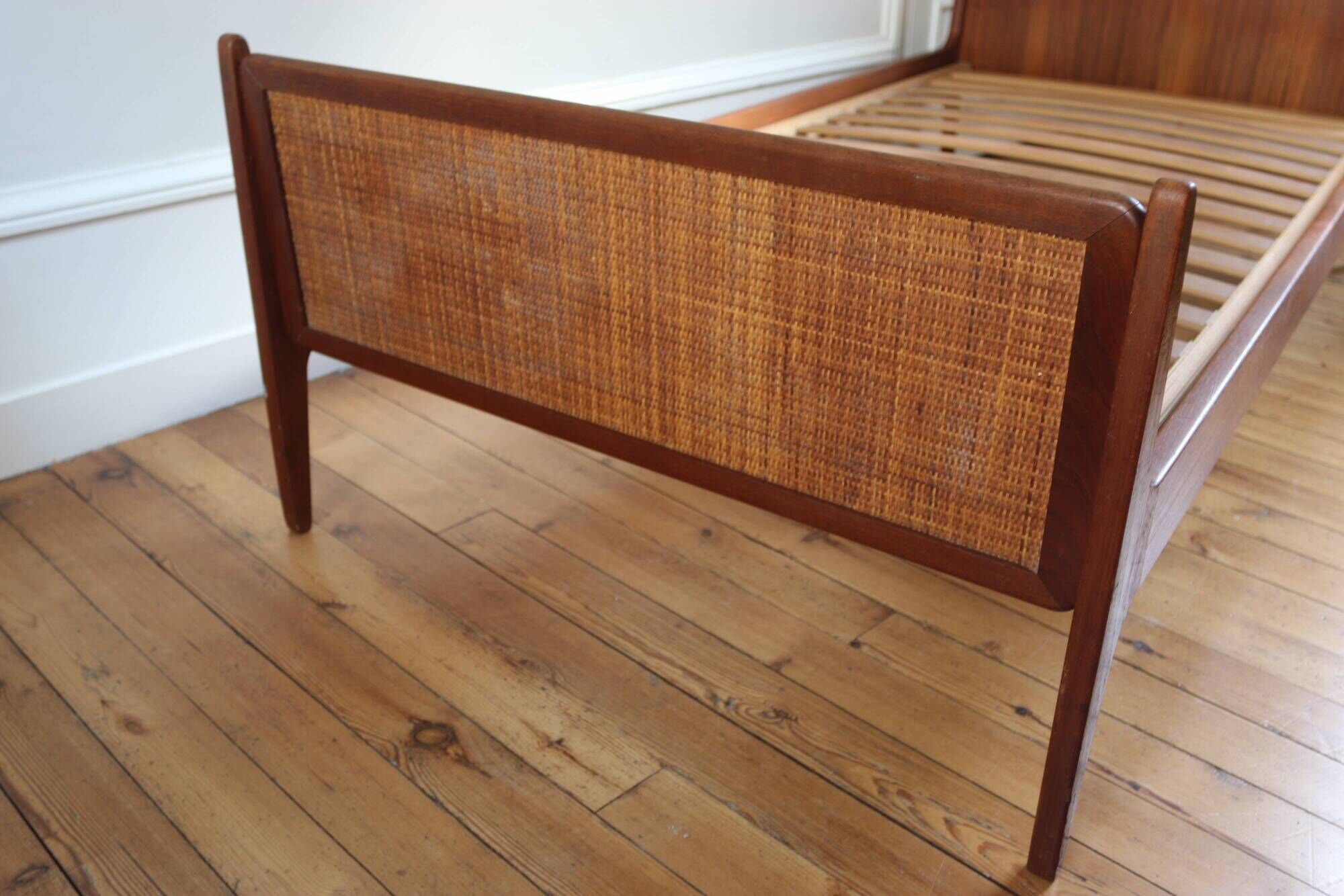 Vintage Scandinavian wicker and teak bed, Denmark 1960.