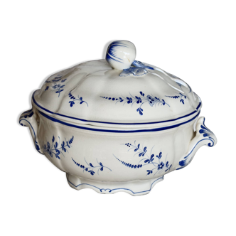 Antique K&G Lunéville earthenware soup tureen decorated with blue flowers