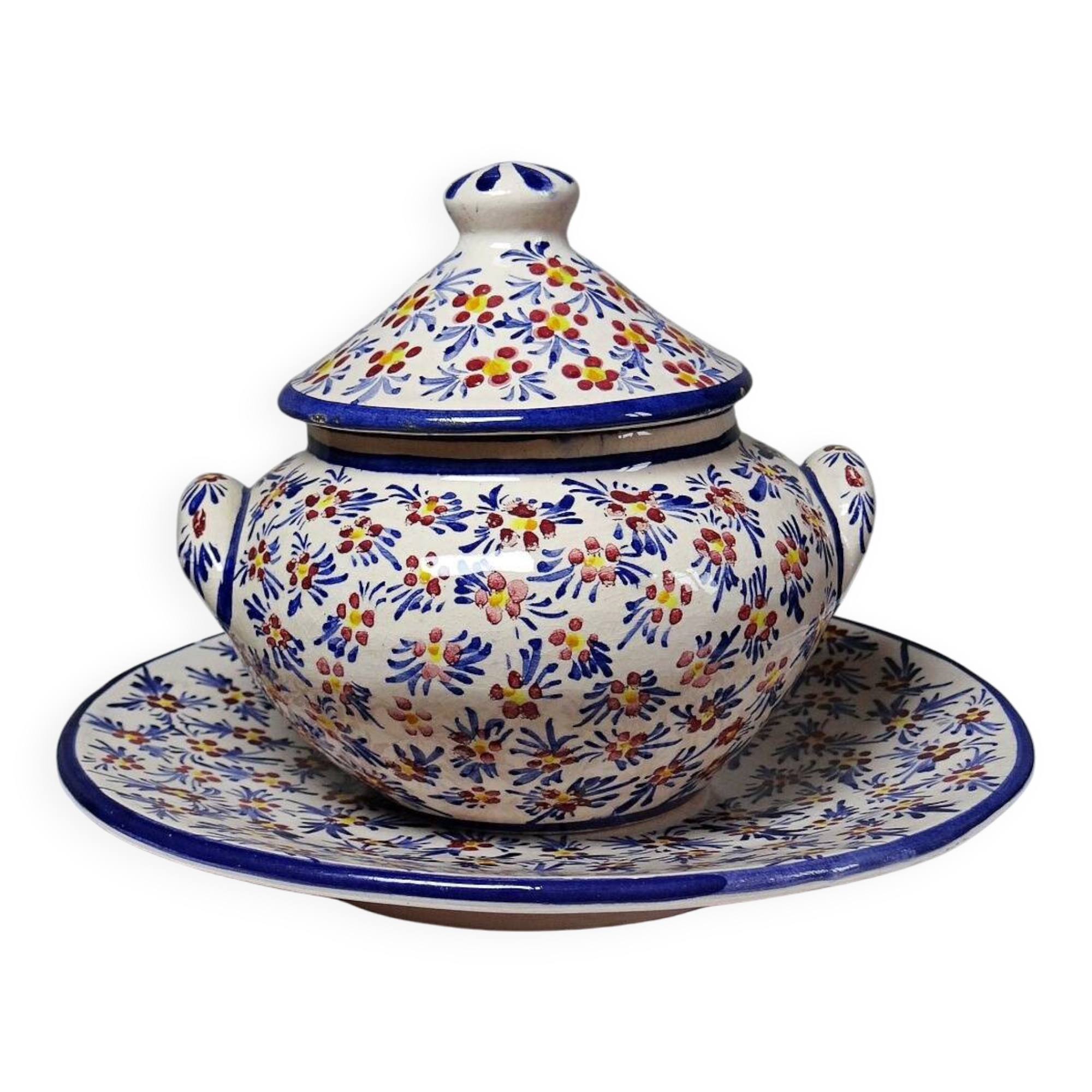 Covered sugar bowl and saucer in ceramic from Alcobaça, Portugal, vintage.