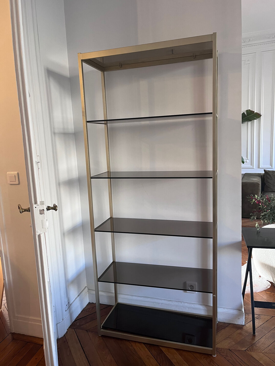 Vintage Ligne Roset Smoked Glass & Metal Shelving Unit (1980s) moo