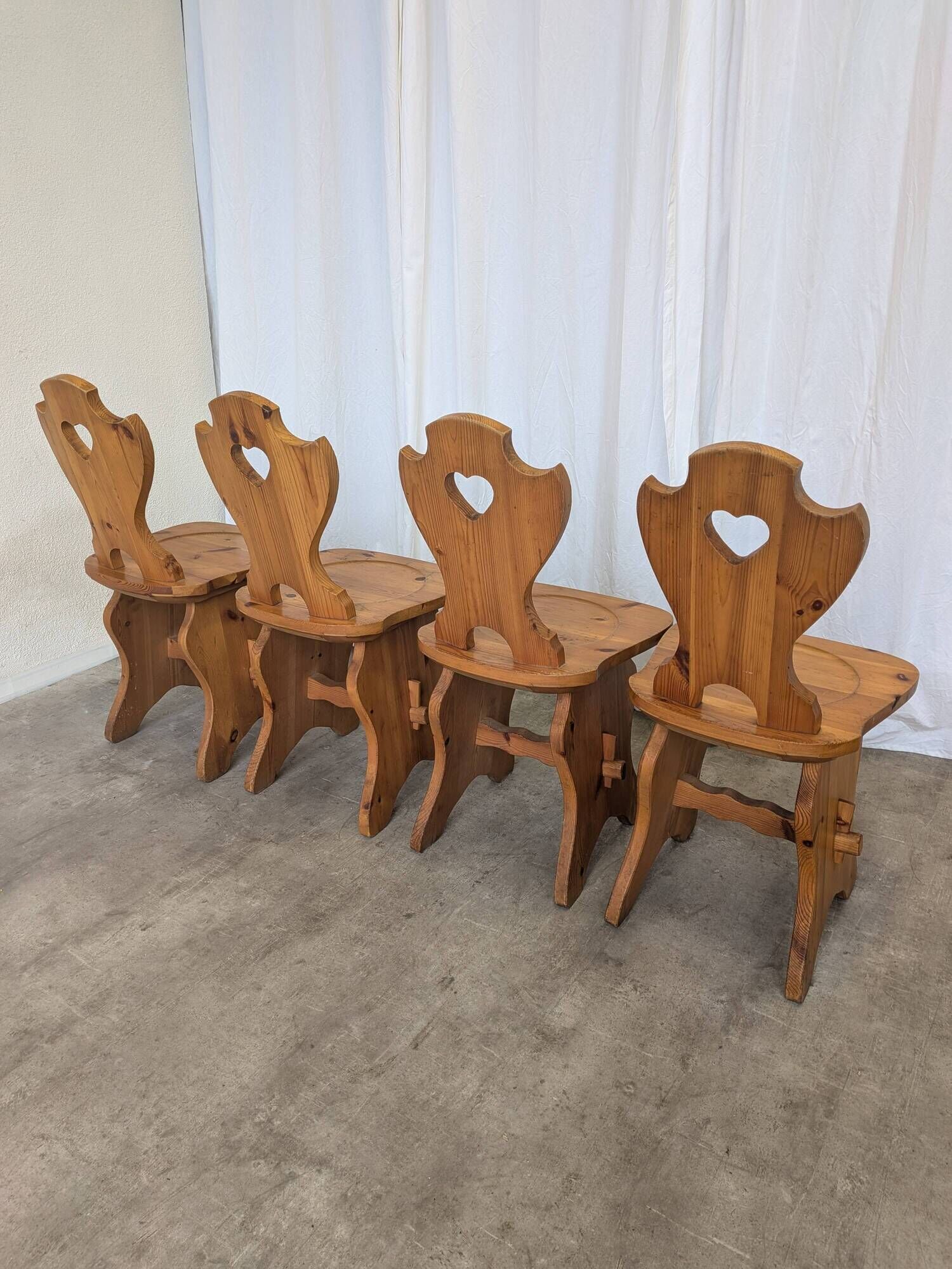 Vintage Alpine Wooden Chairs (Set of 4) Heart Cut-Out