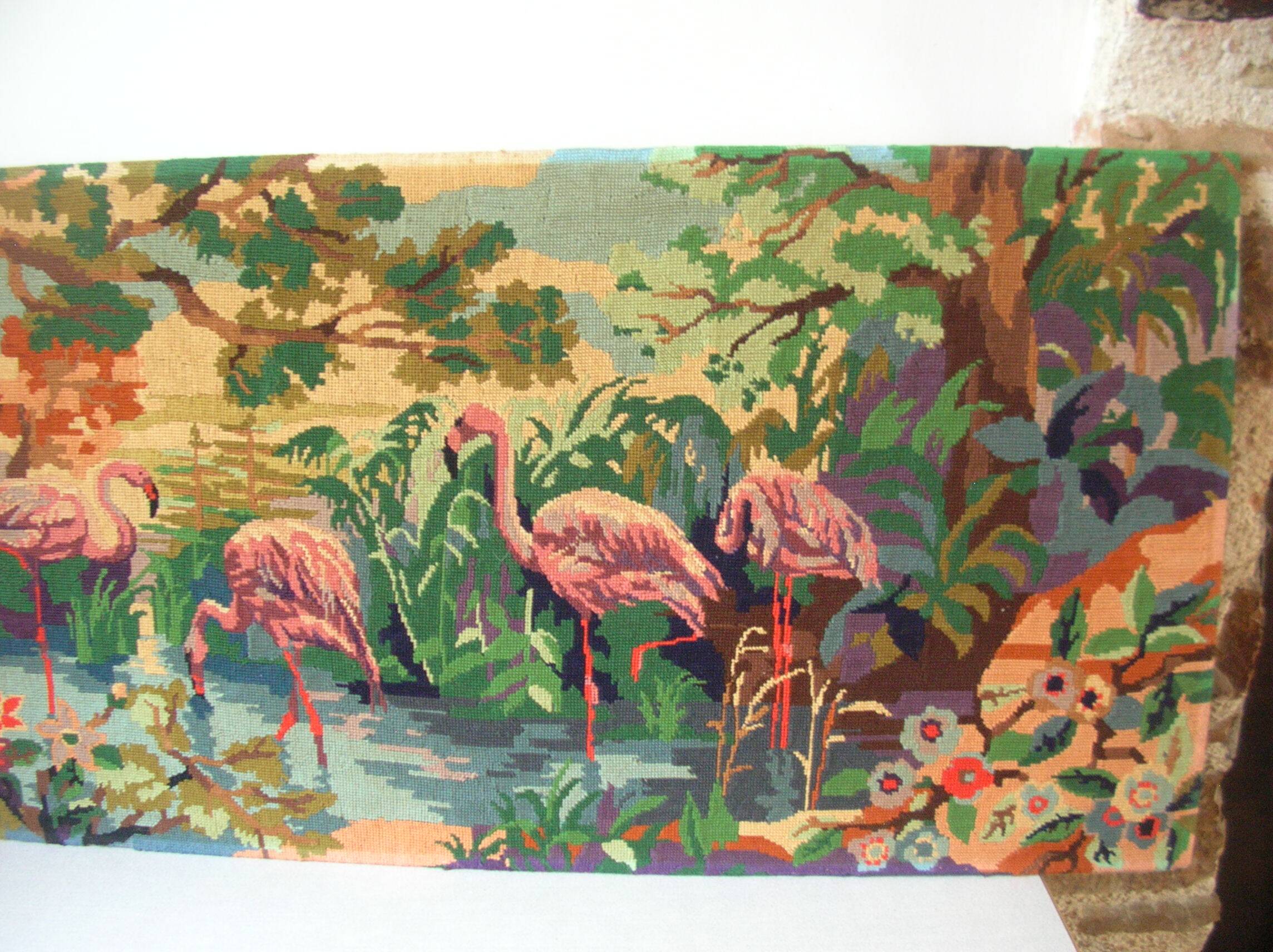 Old canvas tapestry made from a group of pink flamingos 102 cm vintage decoration 1970