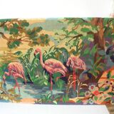 Old canvas tapestry made from a group of pink flamingos 102 cm vintage decoration 1970