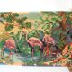 Ancienne tapisserie canevas fait groupe de flamands roses 102 cm déco vintage 1970