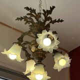 Solid bronze chandelier with moving arms, 19th century, opalescent tulips