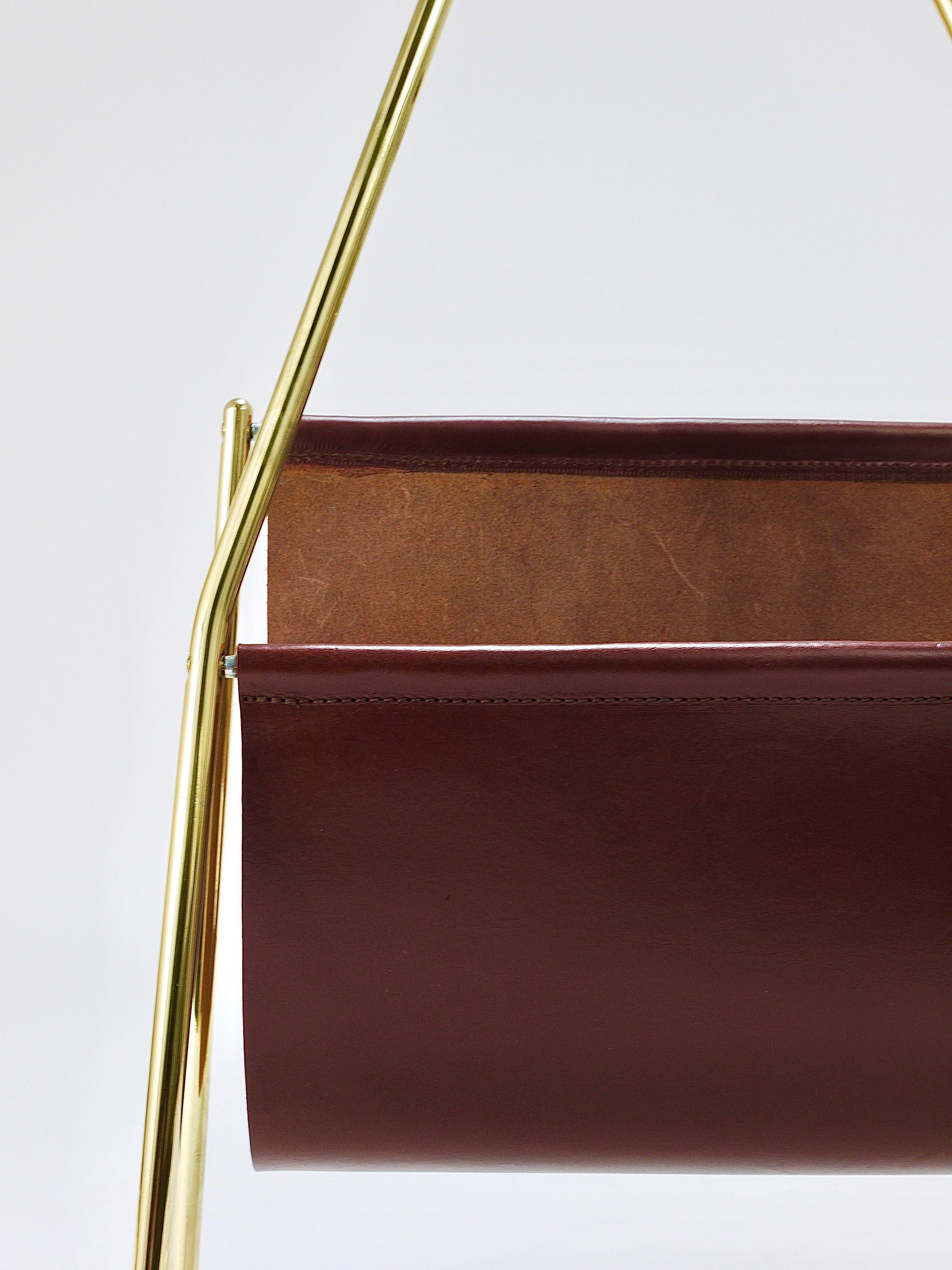 Porte-revues Carl Auböck II Midcentury, laiton et cuir marron, vintage, Autriche