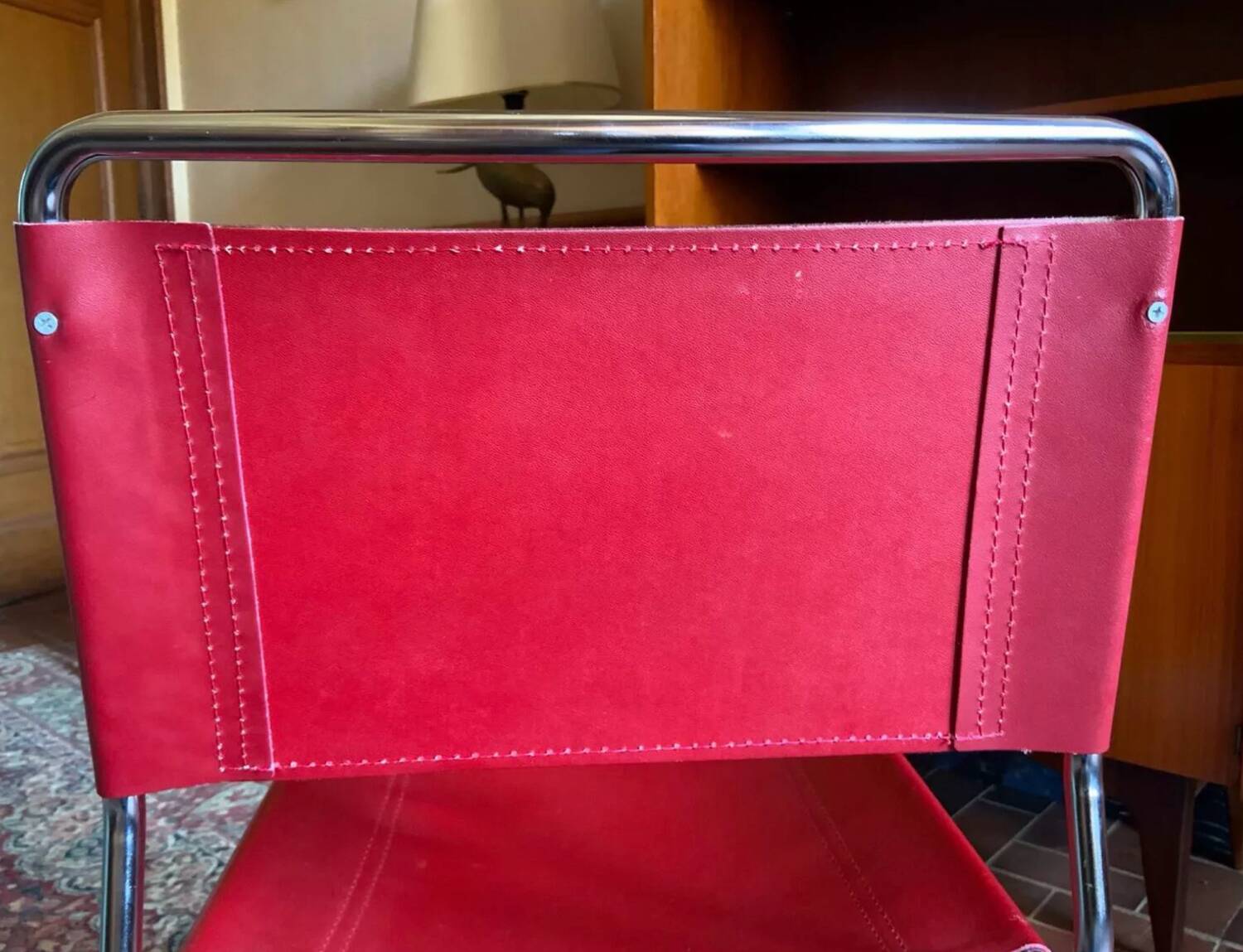 2 tubular chairs in red leatherette, Italy, Design, 1970