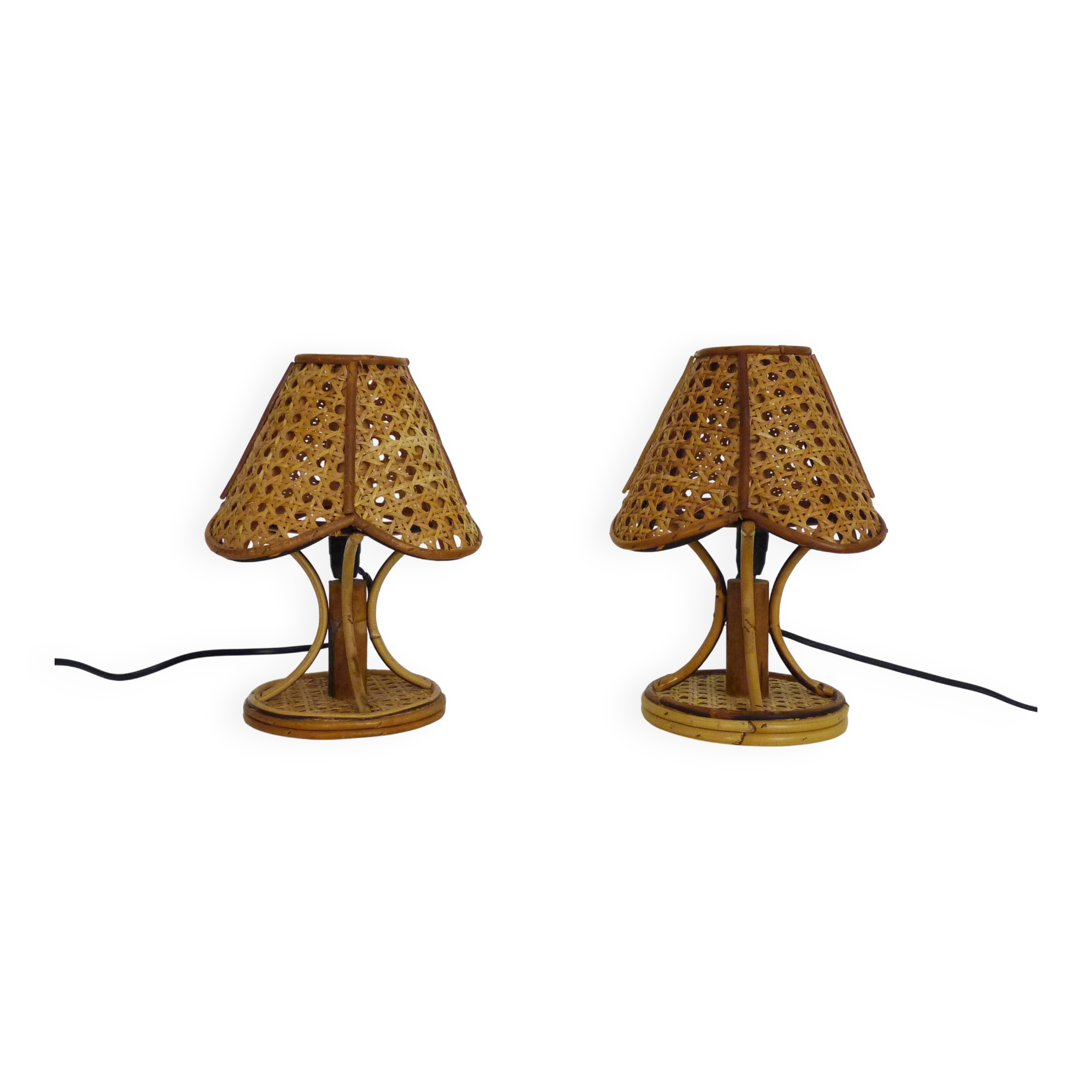 Pair of bamboo rattan caned lamps. Italy 1950s 1960s.