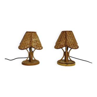 Pair of bamboo rattan caned lamps. Italy 1950s 1960s.