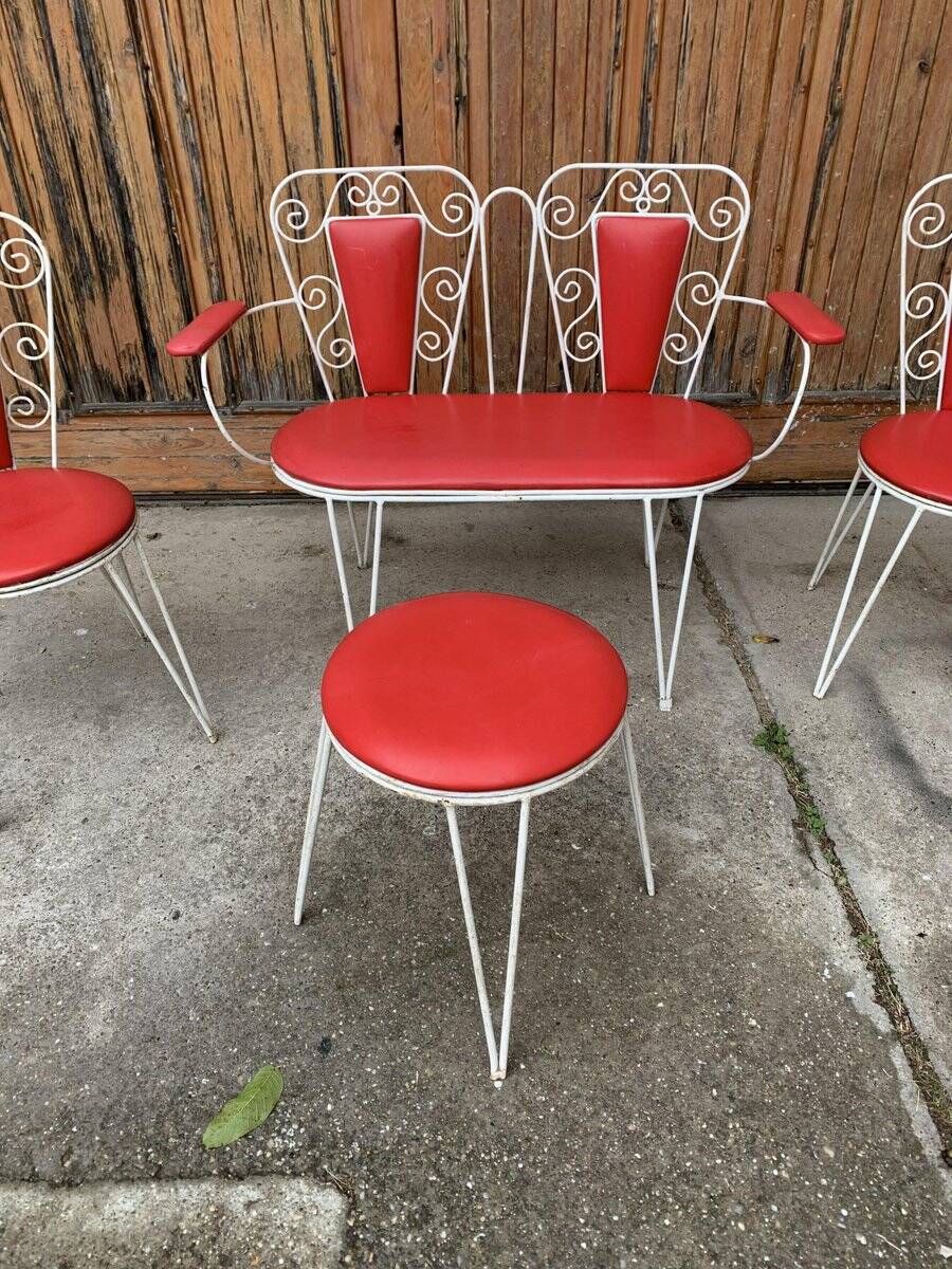Vintage garden set 1968 white metal and red faux leather, set of 4 (2 chairs, bench, table)