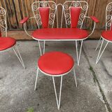 Vintage garden set 1968 white metal and red faux leather, set of 4 (2 chairs, bench, table)