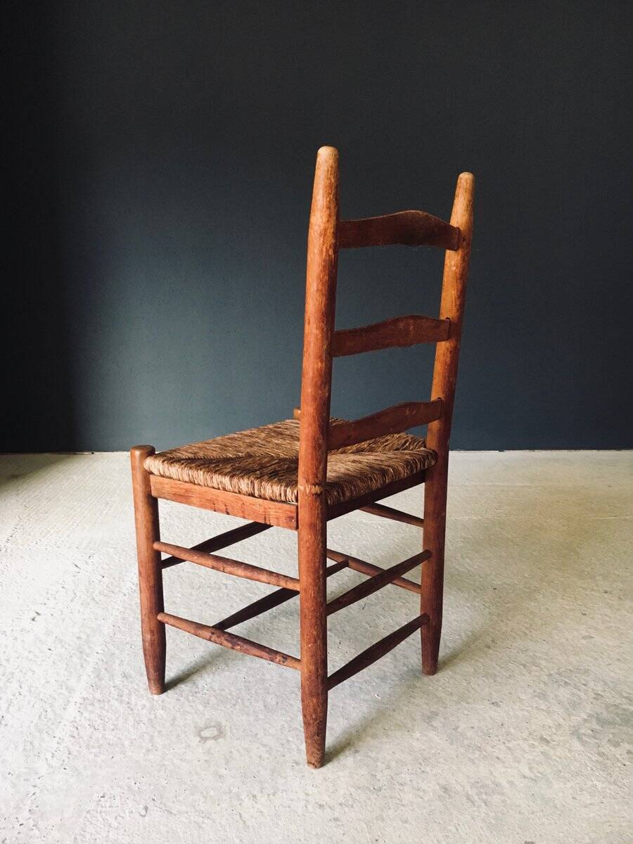 Low rustic ladder back dining chairs in oak and rush, Belgium, 1950s, set of 6.