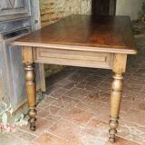 Old French farmhouse table in walnut, turned legs, waxed finish