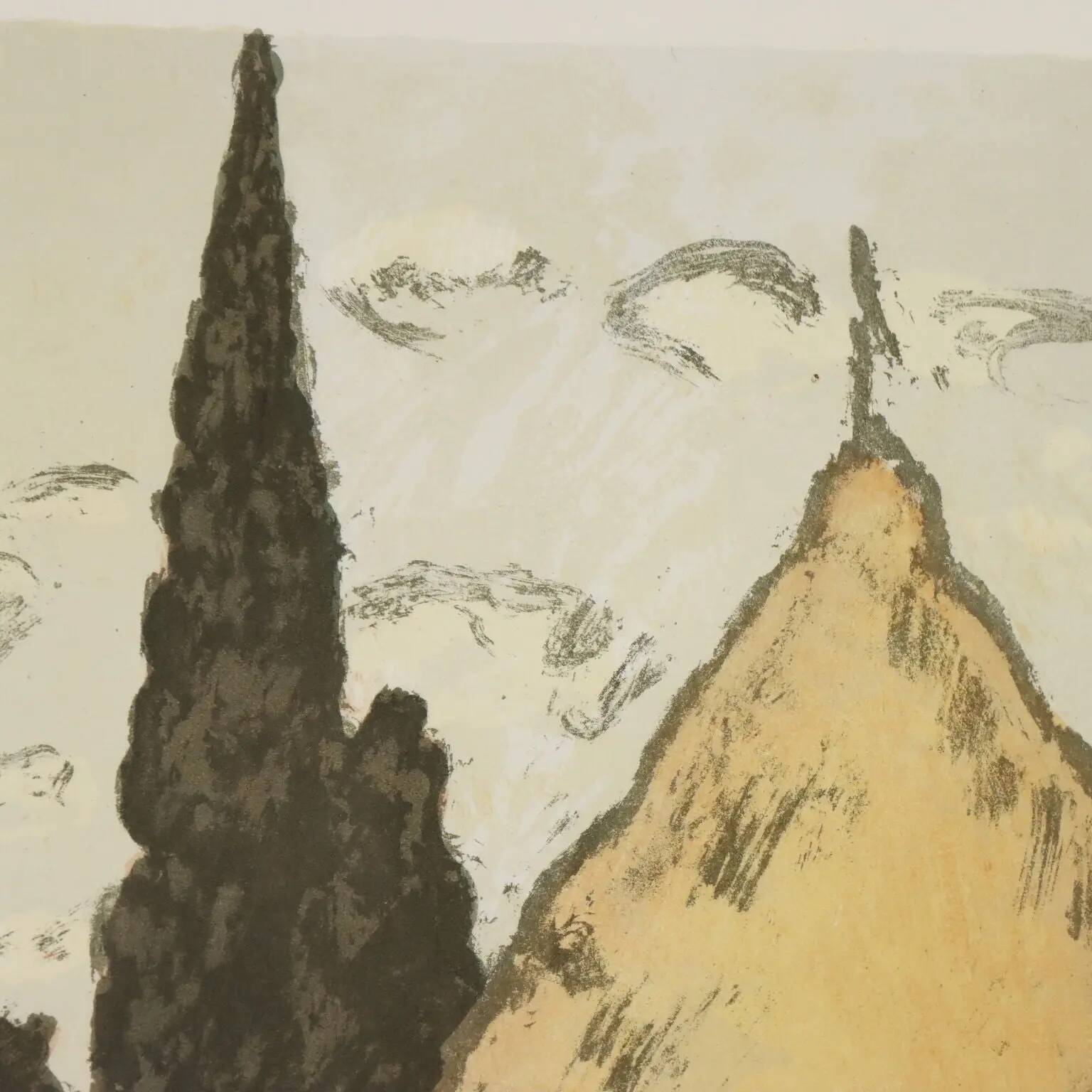 Modern lithograph signed Ardengo Soffici Haystack and Cypress 1962