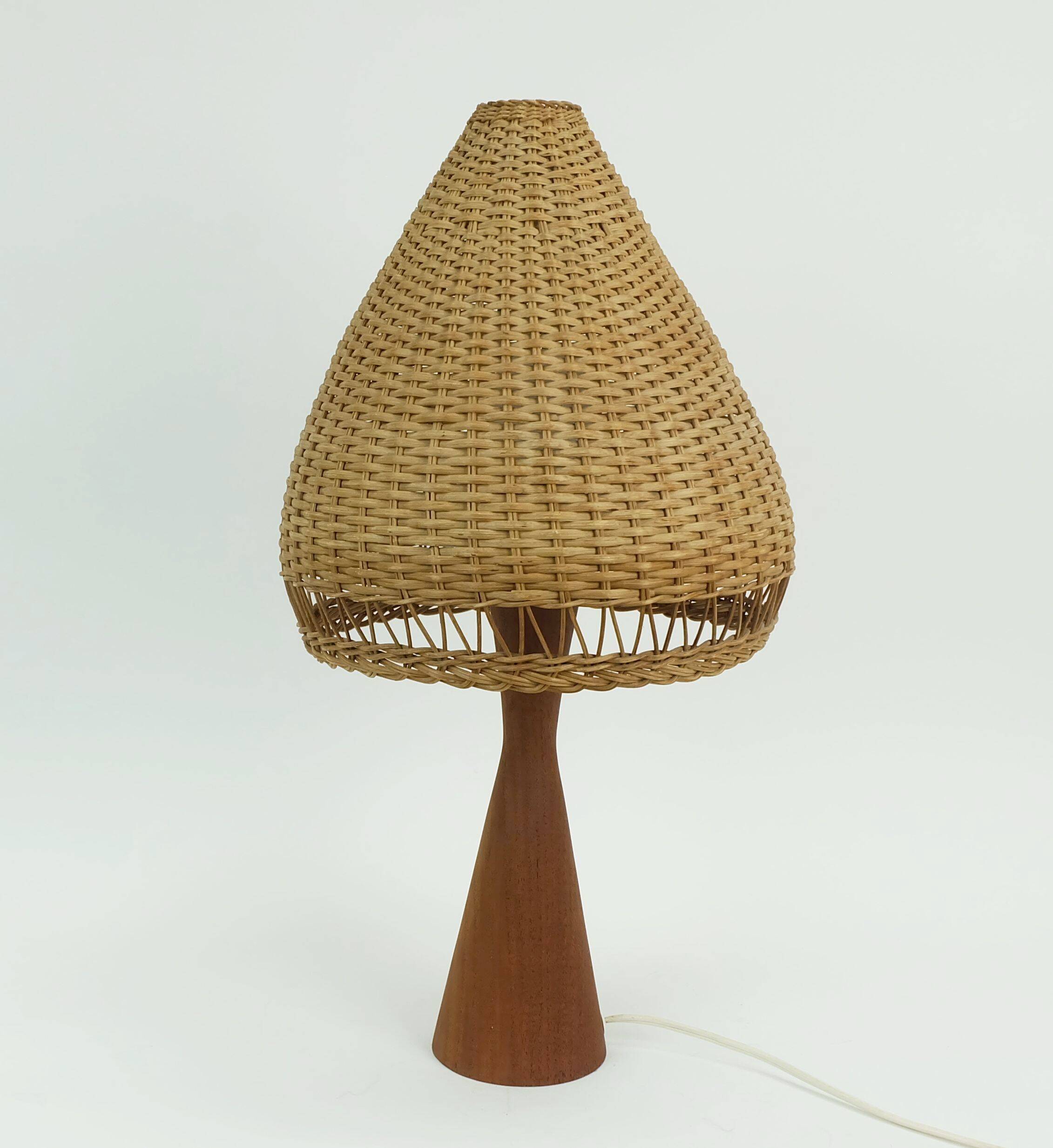 Danish modern table lamp teak and rattan 1960s mid century wicker light