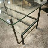 Double-tier coffee table in steel and bronze as well as glass
