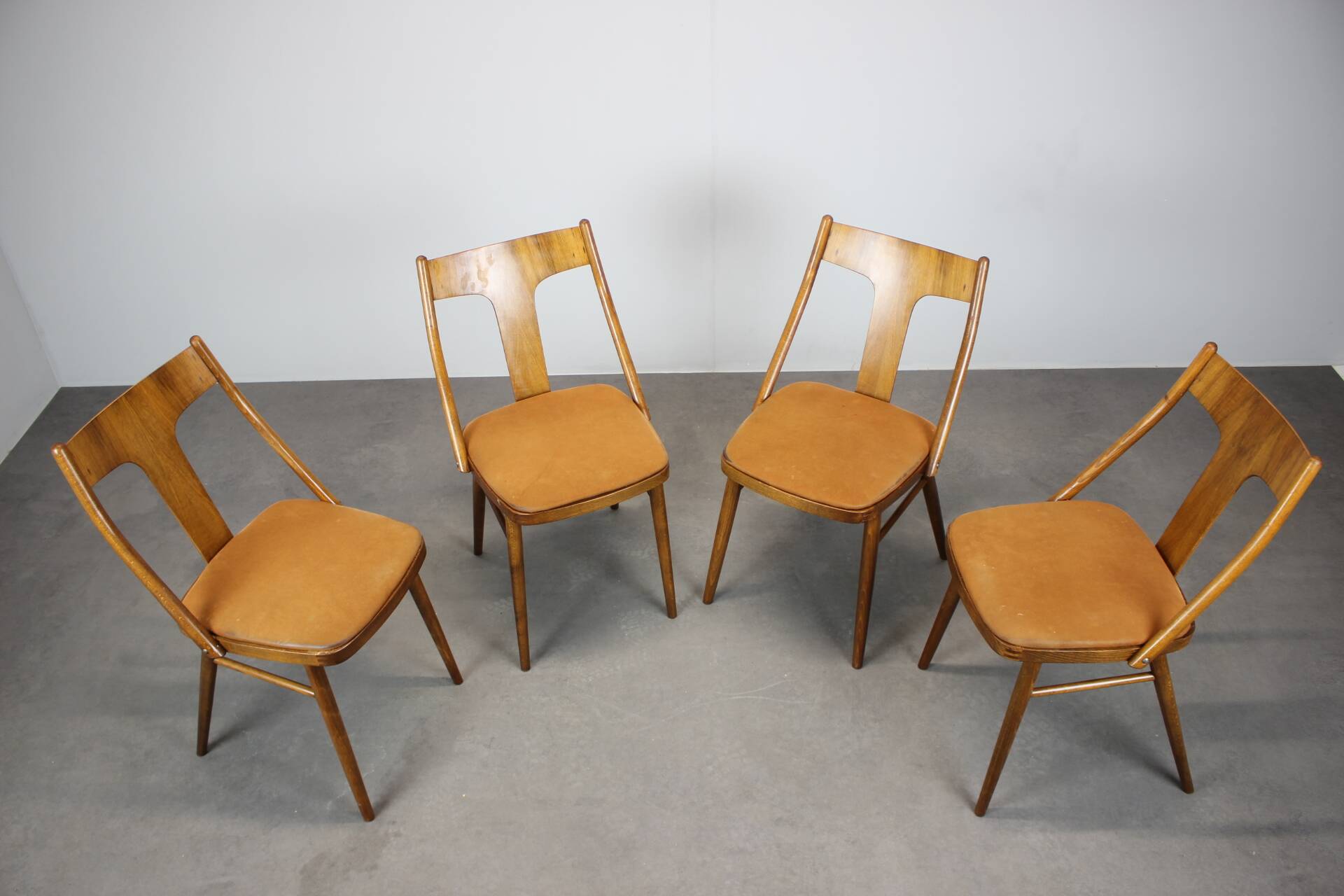 Set of four walnut dining chairs, Czechoslovakia, 1950s