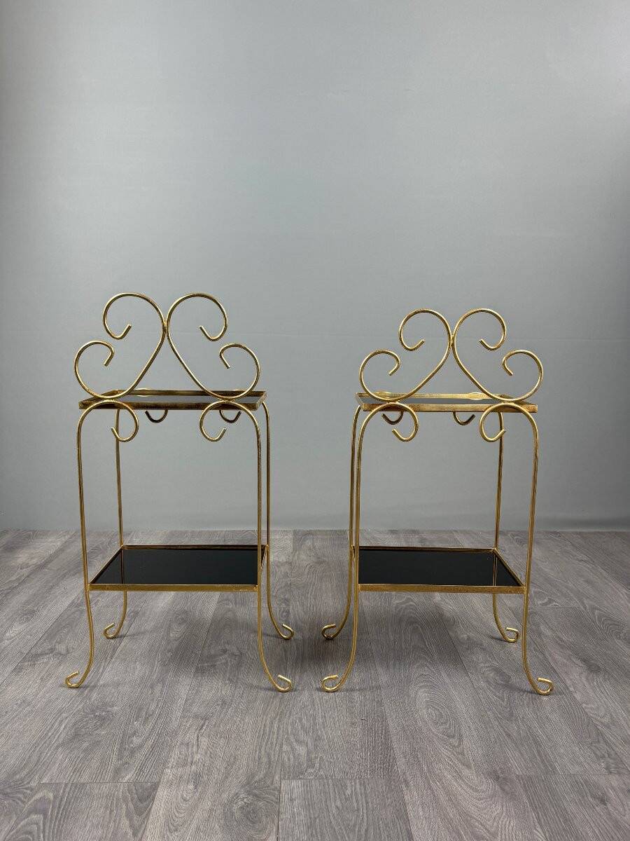 Pair of vintage side tables in gilt metal, with glazed ceramic tops
