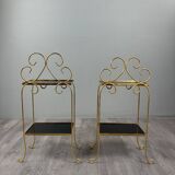 Pair of vintage side tables in gilt metal, with glazed ceramic tops