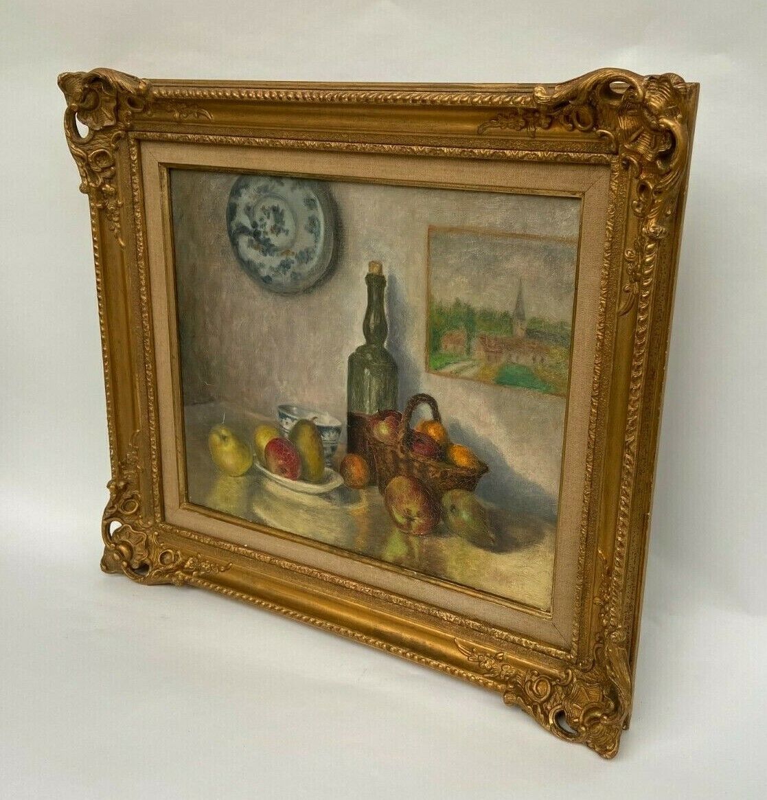 J poisat oil on canvas still life with fruits composition stucco frame
