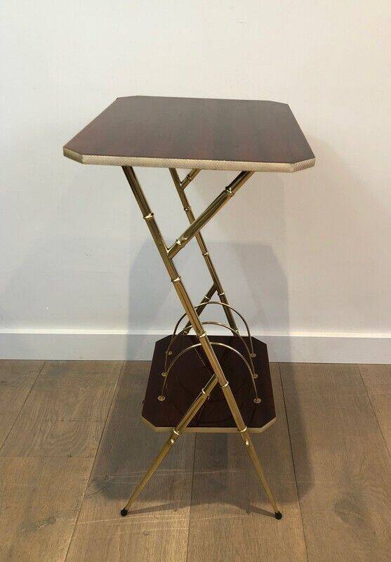 Mahogany and gold metal stool in faux-bamboo style.