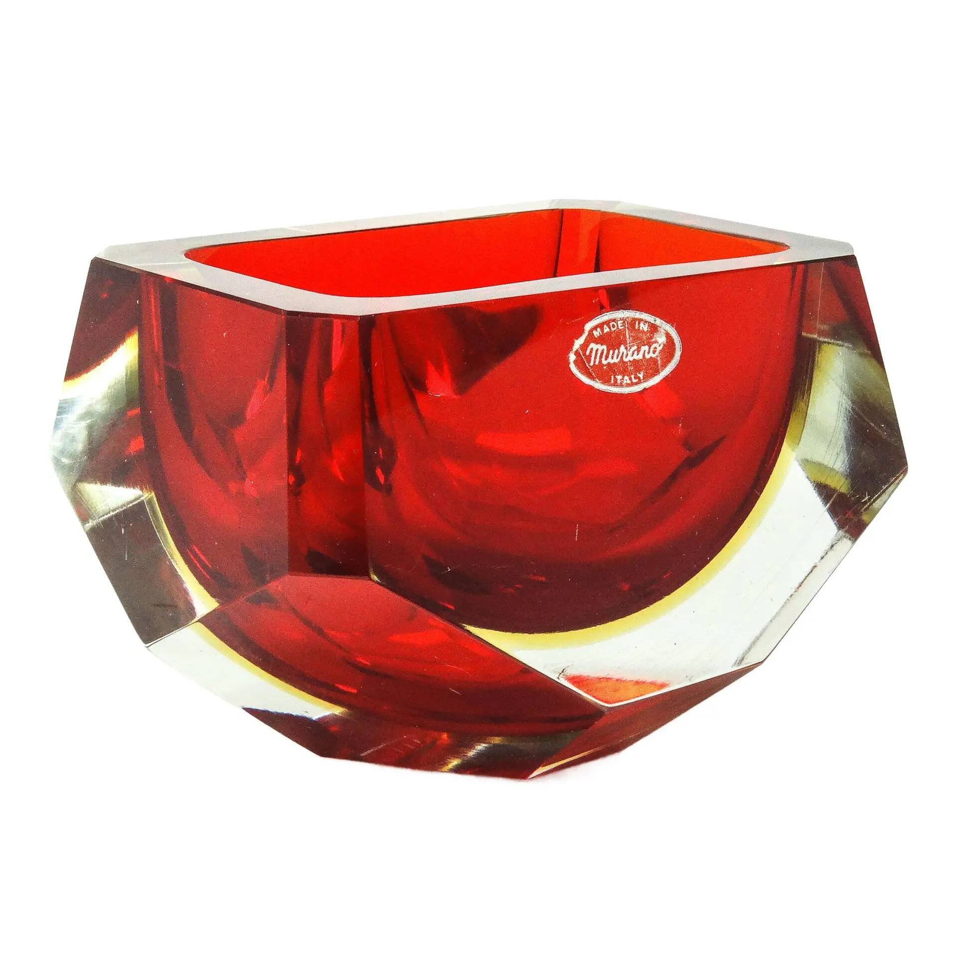 Murano basket, modernism, red glass, designed by F. Poli, Italy, 1950s