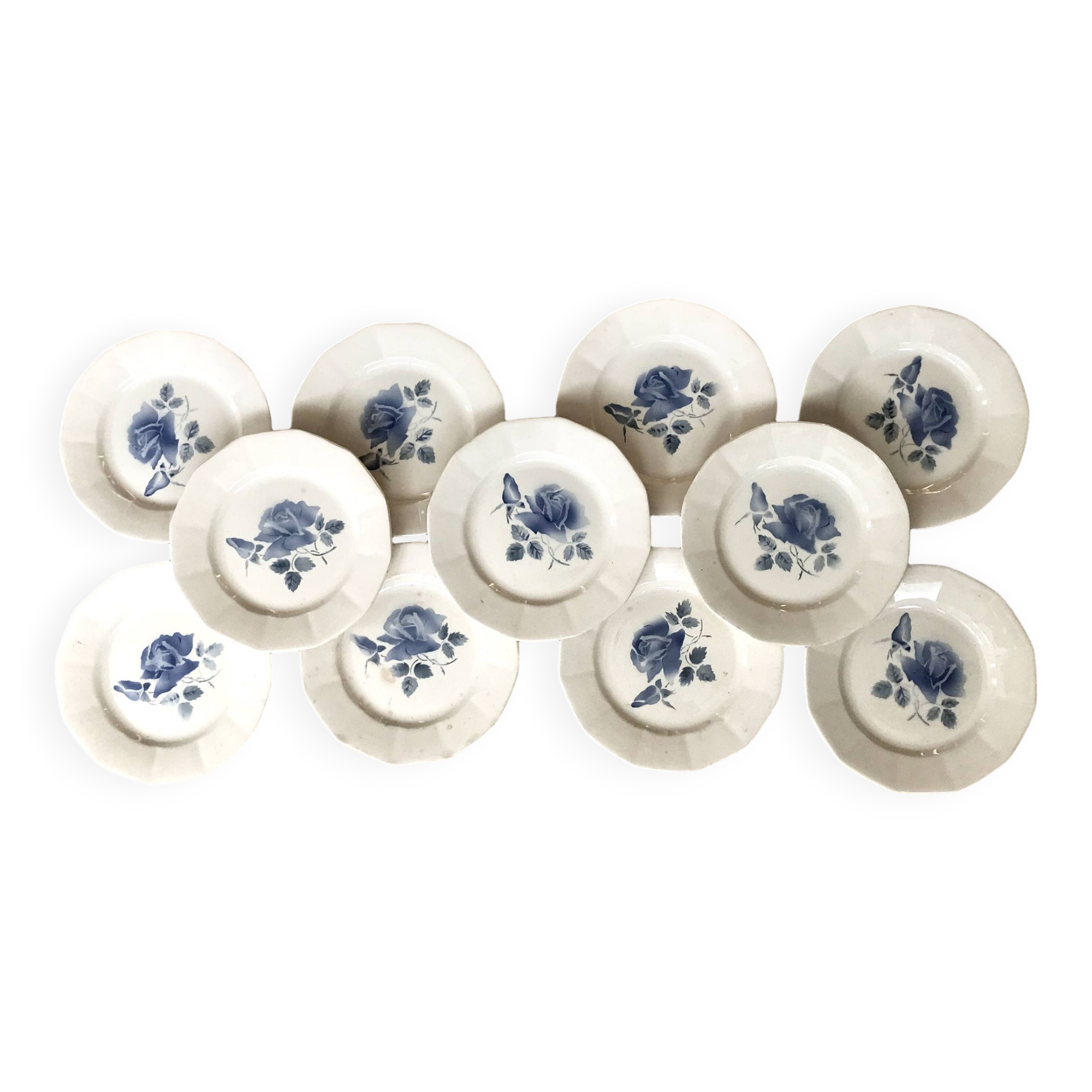 Set of 11 Digoin flat plates, blue rose patterns