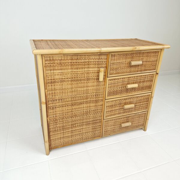Commode ou crédence italienne en bambou et rotin, années 1980