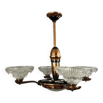 Lustre époque Art déco en laiton cuivré et verre pressé moulé vers 1940