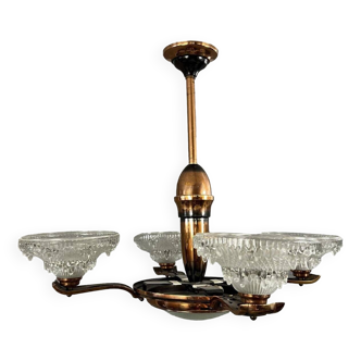 Art Deco period chandelier in copper-plated brass and molded pressed glass, circa 1940