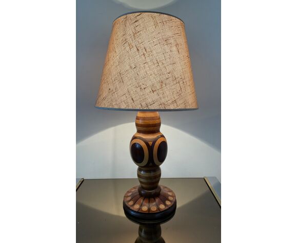 Lampe vintage en bois marqueterie années 60-70