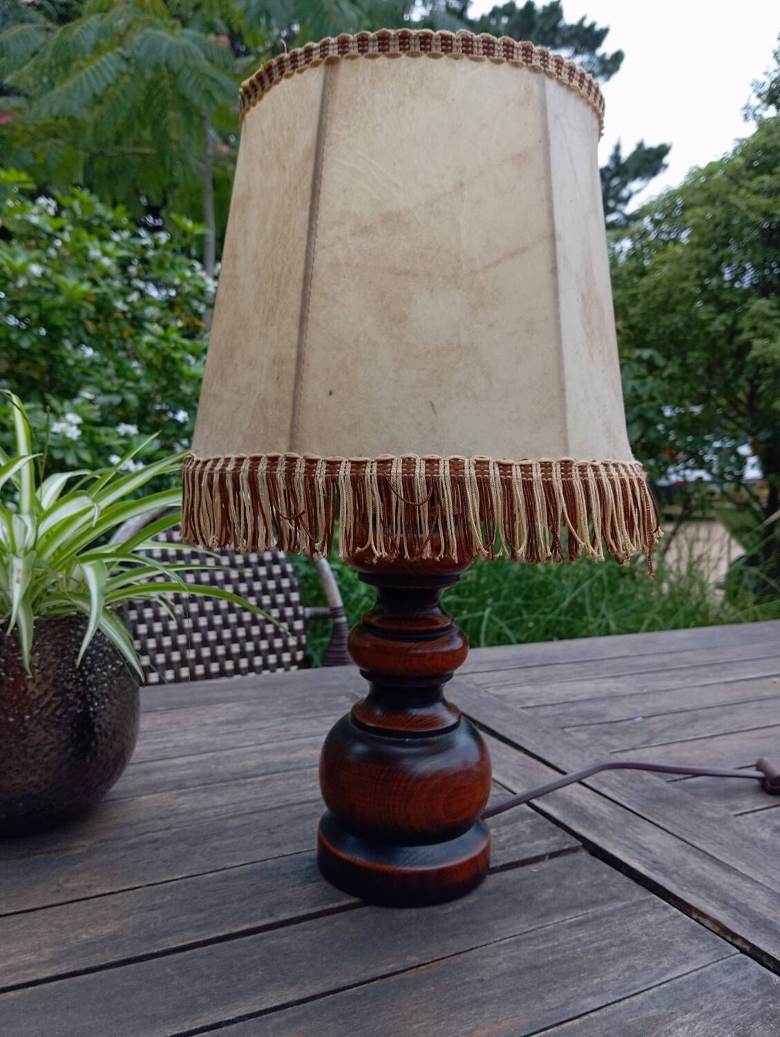 Rustic turned wood table lamp with vintage leather shade