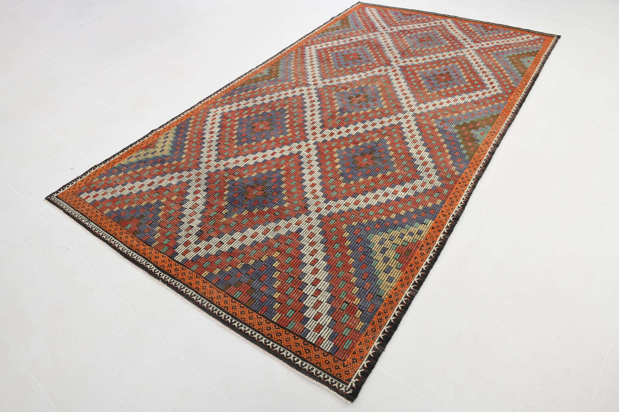 6x11 Mulicolor Living Room Rug, Vintage Wool Kilim Rug, 187x339Cm