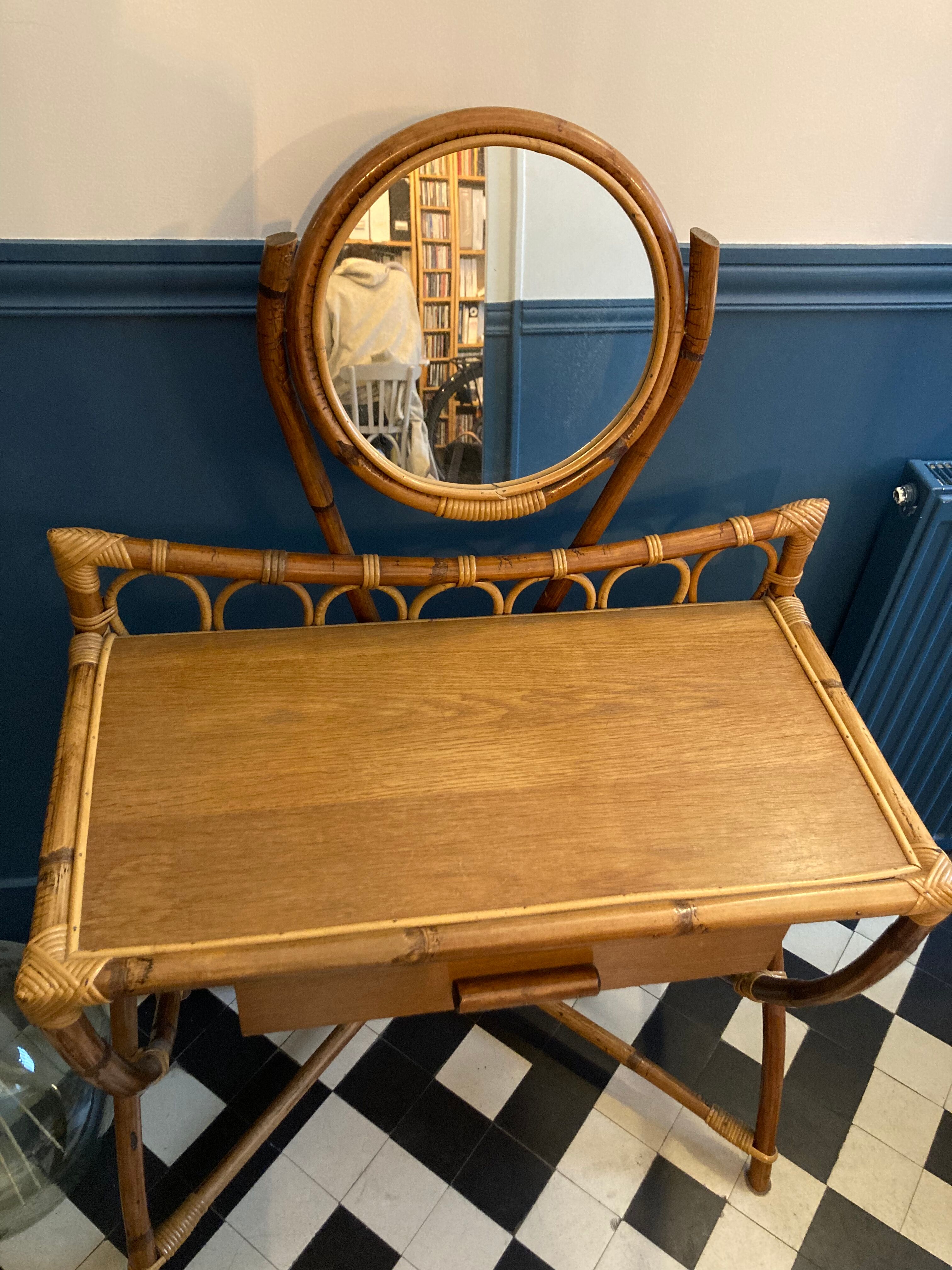 Rattan dressing table with vintage mirror