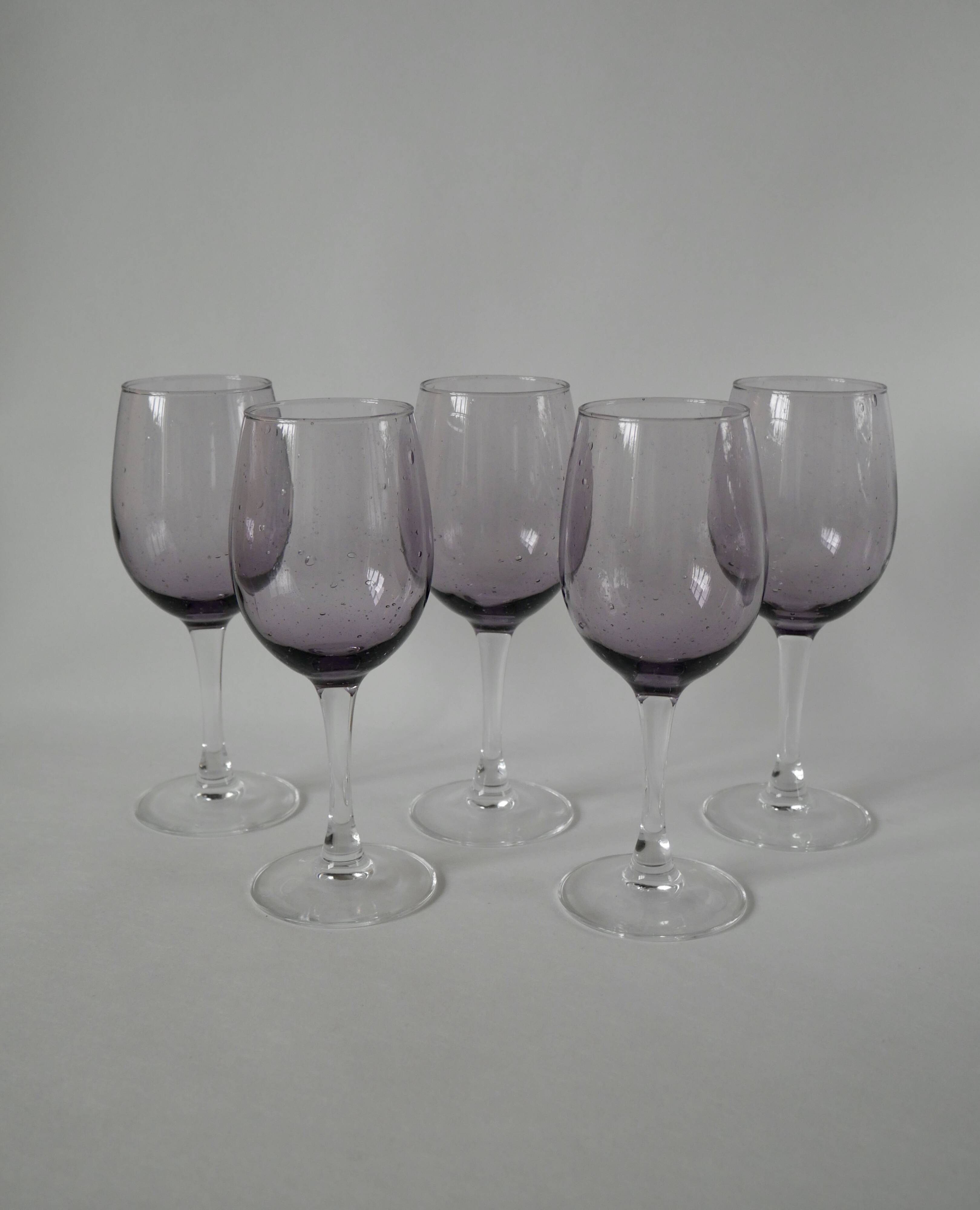 Set of 5 70s purple bubbled glass wine glasses