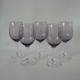 Set of 5 70s purple bubbled glass wine glasses