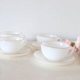 Set of 4 cups and under cups Arcopal harlequin range, white and gold, made in France