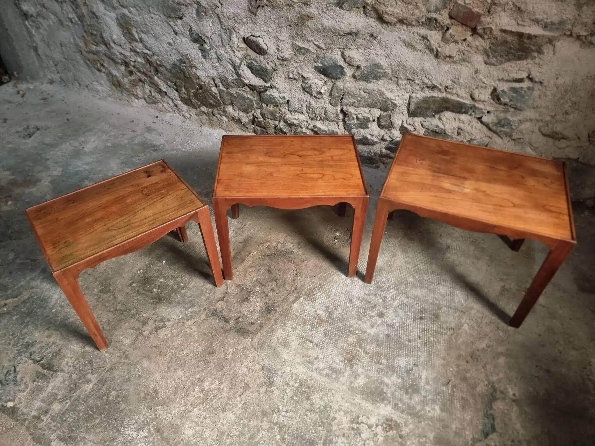3 nesting tables made of cherry wood, France 1960